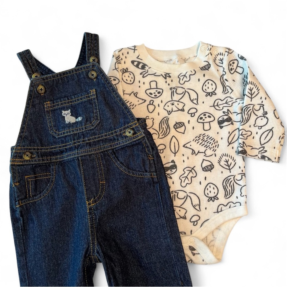 Carters 6M Denim Bibs Overalls Long Sleeve Thermal Bodysuit Woodland Animals